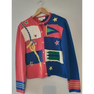 Doncaster Women's Vtg. Nautical Cardigan Medium Patriotic Metallic Trim Normcore